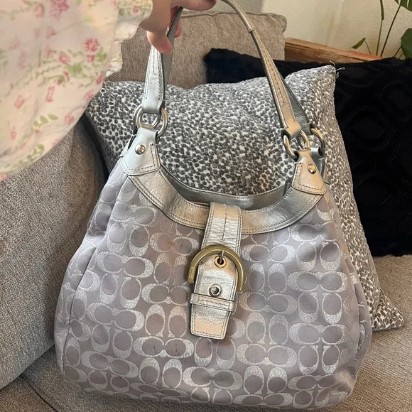 Coach Soho Signature Metallic Silver Gray Purple Sateen Buckle Hobo Shoulder Bag - Picture 10 of 10